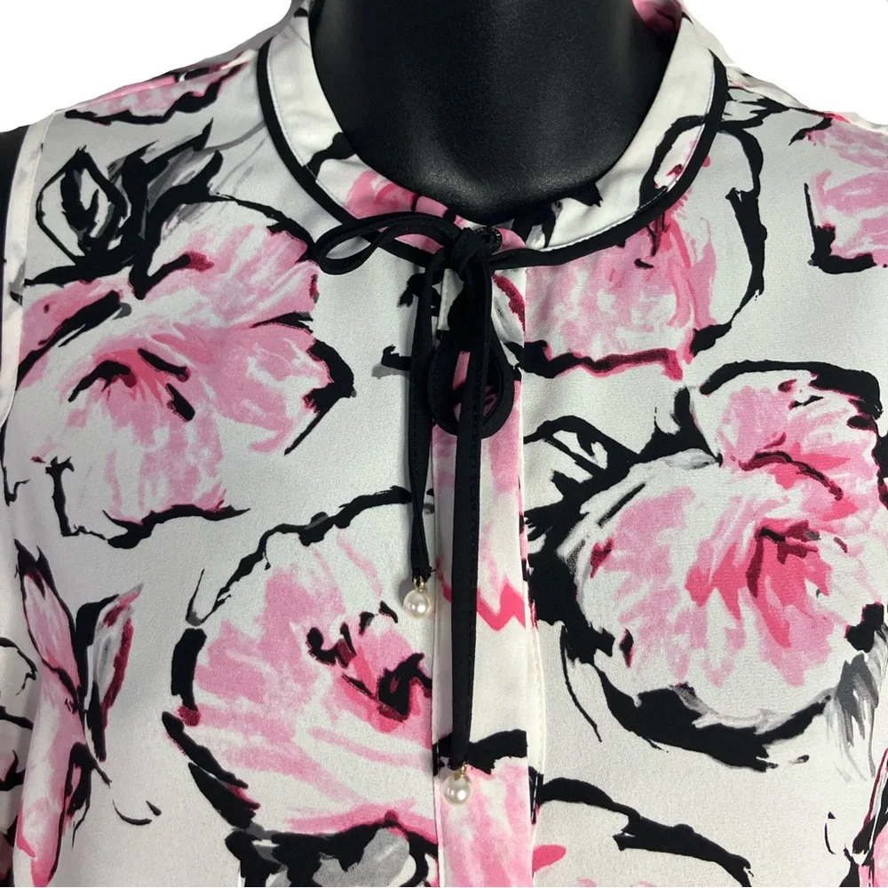 Karl Lagerfeld Pink and Black Floral Cold Shoulder Pearl Tie Accent Top